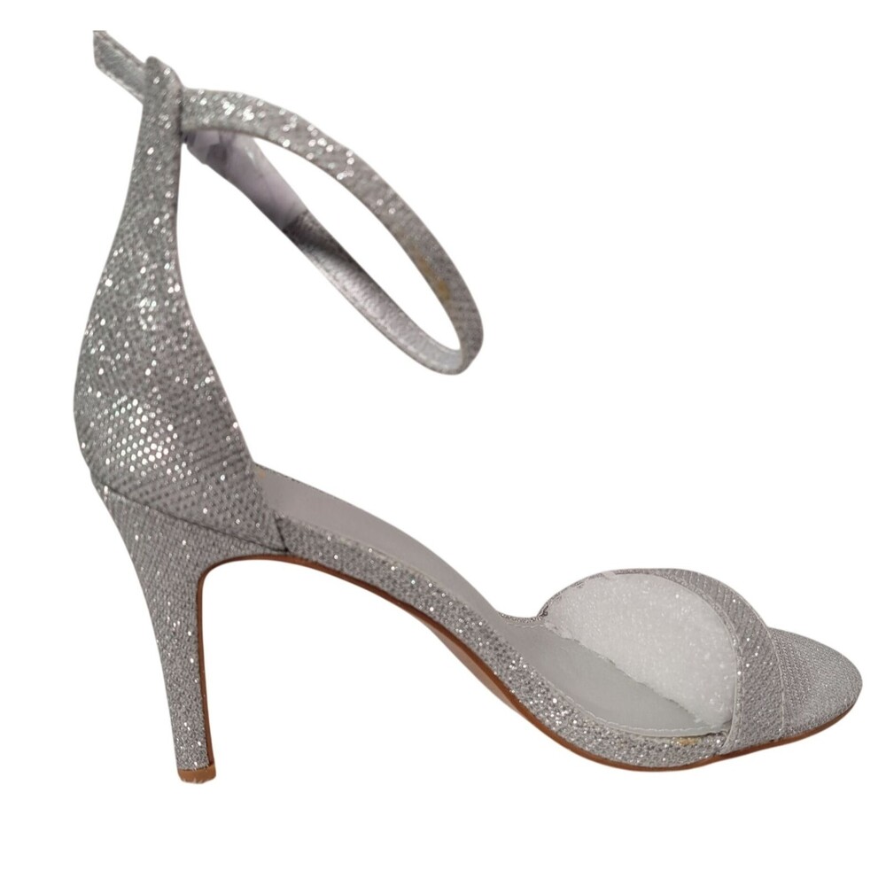 Qonetic Women's Silver Glitter Ankle Strap High Heels Stiletto Sandals Size 9.5 - Picture 2 of 14